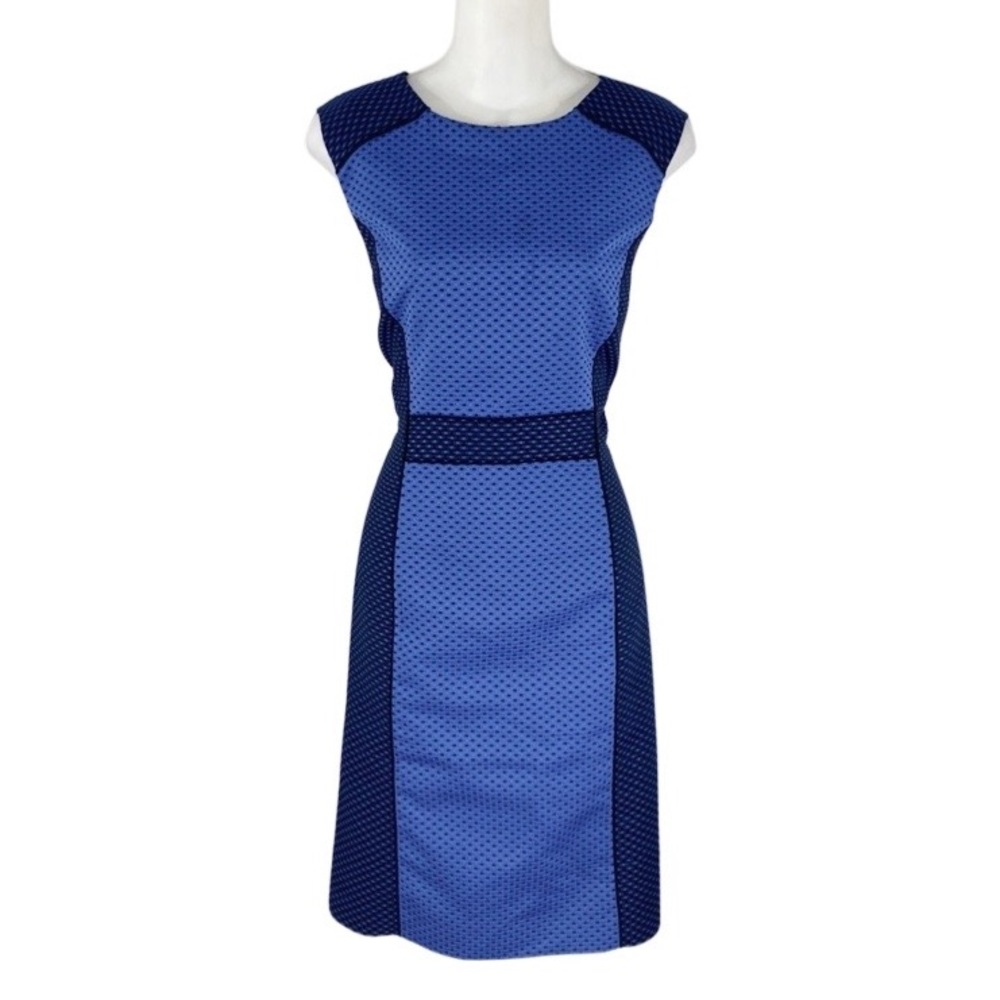 Tahari blue black jacquard dot knit sheath dress 12 P35